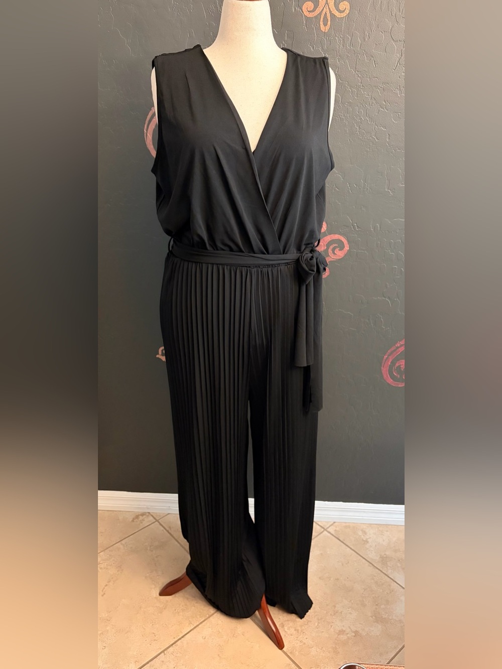 Long Tall Sally Black Pleated Wide-Leg Jumpsuit with Wrap Bodice and Tie Waist